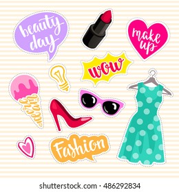 Set of fashion elements in patch style. Hearts, lipstick, ice cream, sunglasses, speech bubbles and other elements. Set of stickers and patches in cartoon comic style. Vector illustration isolated. 