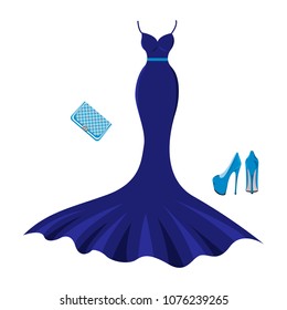 Set of fashion evening clothes. Woman trendy and stylish clothing. Evening dark blue dress, shoes, handbag - clutch. Vector illustration, EPS10.