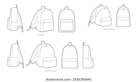 Set of Fashion Explorer backpacks silhouette bags. Fashion accessory technical illustration. Vector schoolbag front, side 3-4 view for Men, women, unisex style, flat handbag CAD mockup sketch isolated