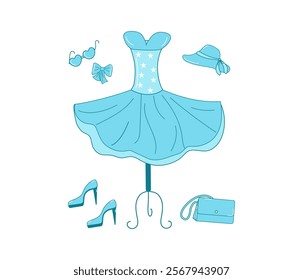 Set fashion festive. Collection. Ball gown on a hanger, mannequin, shoes, bag, hat, sunglasses. Set of doll accessories and clothes for a festive party. Vector illustration, isolated background.