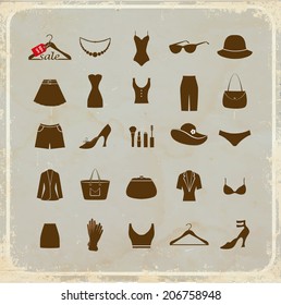 Set of fashion flat icons on a vintage bakground