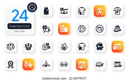 Set of Fashion flat icons. Wash t-shirt, T-shirt design and Marketplace elements for web application. Buying process, Scissors, Wallet icons. Buyer, Change clothes, Hot offer elements. Vector