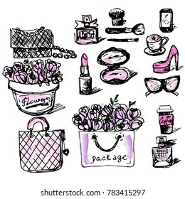 set fashion, flowers, shoes, bags, cosmetics, perfume, lipstick, modern style by hand in color, vector