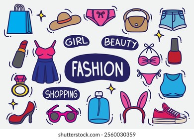 set of fashion girl doodle color good for background, wallpaper, element design, icons, etc