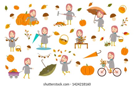 Set fashion girl with pink hair girl in an autumn jacket plays with leaves, launches a paper boat, rides a bicycle, carries pumpkins and has fun in the fall. Cute Vector Illustration