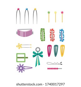 Set of fashion girlish hair accessory - hairpins and hair-clips icons, flat vector illustration isolated on white background. Female hairstyle accessories collection.