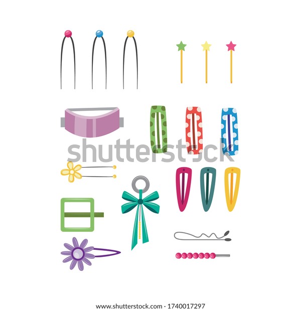 Set of fashion girlish\
hair accessory - hairpins and hair-clips icons, flat vector\
illustration isolated on white background. Female hairstyle\
accessories collection.