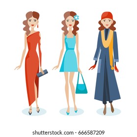 Set of fashion girls in beautiful evening dresses, summer sarafans and autumn smart clothes, with various accessories in their hands. Vector illustration in cartoon style, isolated