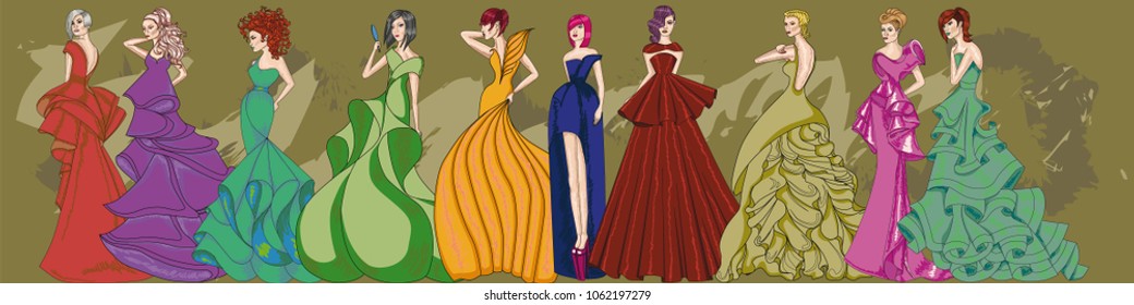 Set. Fashion. Girls in long dresses.
