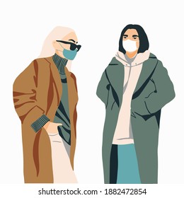 Set of Fashion girls in protective medical face masks flat minimalistic illustration