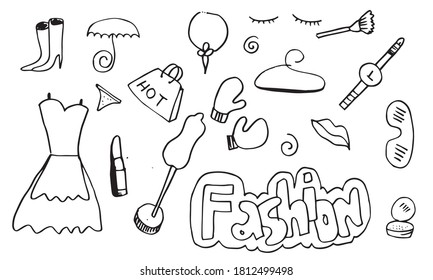 Set of fashion hand drawn doodle icons. Female clothing and accessories.