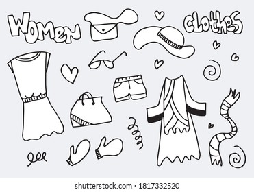 Set of fashion hand drawn doodle icons. Female clothing and accessories.