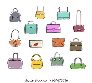 Set of Fashion Handbags. Hand drawn Icons. Sketch. Vector Illustration.