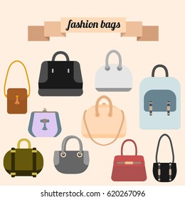 Set of fashion handbags. Trendy female bags in flat art style isolated on light background