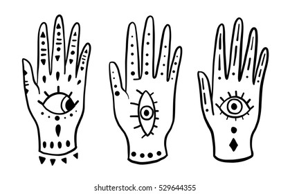 Set fashion hands hamsa fatima amulet symbol of protection. Old Vector illustration cartoon 80s-90s Comic style. 