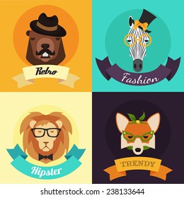 Set of Fashion Hipster Animals. Vector Illustration