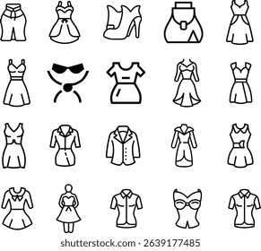 Set of fashion icon on white background, illustration, graphic, outline, black and white