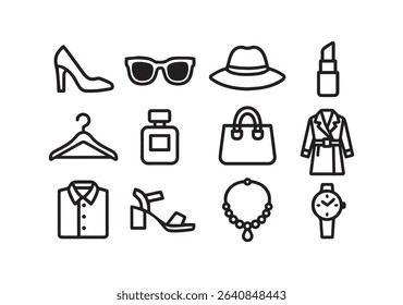 A set of fashion icons including apparel accessories and beauty items like a hat sunglasses shoes and jewelry for style designs.