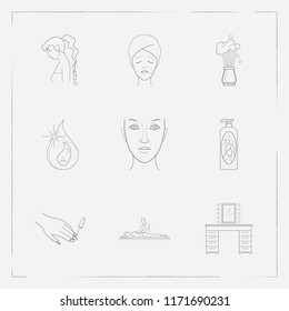 Set of fashion icons line style symbols with makeup desk, massage, manicure and other icons for your web mobile app logo design.