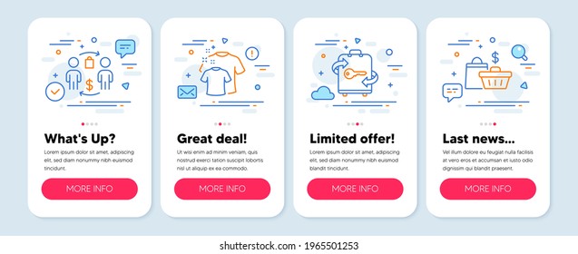 Set of Fashion icons, such as Buying process, Clean t-shirt, Luggage symbols. Mobile app mockup banners. Sale bags line icons. Supermarket bag, Laundry shirt, Baggage locker. Shopping cart. Vector