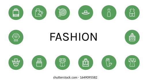 Set of fashion icons. Such as Paper bag, Shopping bag, Yarn, Sun hat, Dress, Clothes, Cowboy hat, Tanktop, Jumper, Cologne, Jeans, Shirt, Gangsta, Handbag , fashion icons