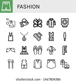 Set of fashion icons such as Short, Perfume, Pamela, Butterfly, Shirt, Trackball, Apron, Necklace, Glasses, Clothes, Tweezers, Sunglasses, Dress, Flip flops, Comb, Makeup brushes , fashion