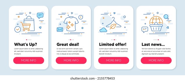 Set of Fashion icons, such as Slow fashion, Clean t-shirt, Sale bags symbols. Mobile screen app banners. Online shopping line icons. Eco tested, Laundry shirt, Shopping cart. Internet buying. Vector