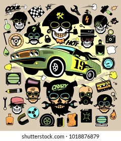 Set of fashion icons and symbols with race car, hipster skulls, music symbols etc.