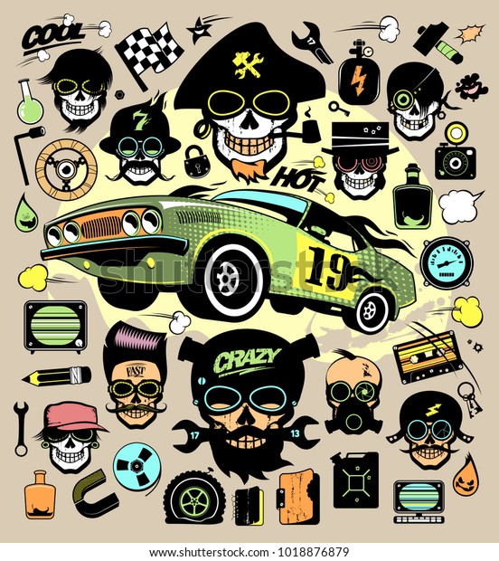 Set of fashion icons and symbols with race\
car, hipster skulls, music symbols\
etc.