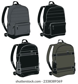 Set Modegrafik flach Cartoon Rucksack Rucksack, Rucksackskizze.