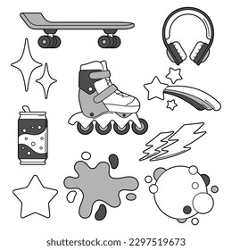 Set of fashion items. Monochrome teenage background. Creative fun symbol in cartoon style.