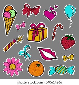 A set of fashion labels, badges. Ice cream, flower, candy, ribbons, balloons. Every object on a separate layer. Stickers, pins, patches, cartoon and comic style
