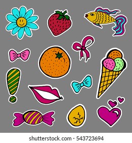 A set of fashion labels, badges. Ice cream, flowers, strawberries, bows, fish. Every object on a separate layer. Stickers, pins, patches, cartoon and comic style