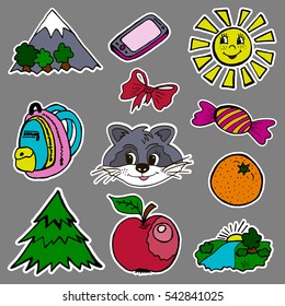 A set of fashion labels, badges. Mountains, sun, bow, candy, raccoon, backpack, fir, orange, apple, river. The images on separate layers. Stickers, pins cartoon
