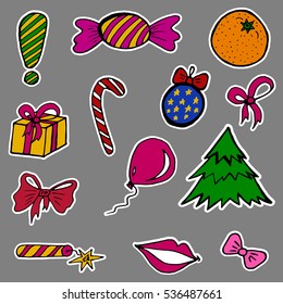 A set of fashion labels, badges for the New Year holidays. Christmas tree, gift, toys, candy, crackers. Every object on a separate layer. Stickers, pins, patches