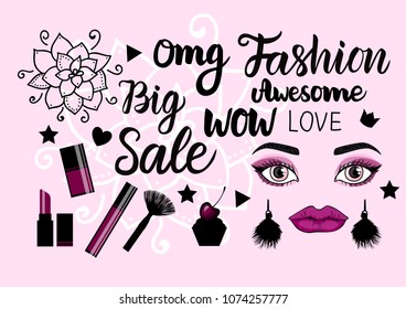 Set Fashion. Lettering inscription Big Sale. Hand drawn female face with trend make up and tassel earrings. Cometics bottle. Vector illustration isolated on pink background.