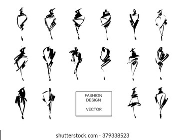 Set of fashion logos hand drawn. Vector fashion illustration. Monochrome sketches isolated.