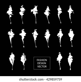 Set of fashion logos hand drawn. Vector fashion illustration. Monochrome sketches isolated. White silhouettes of fashion woman.

