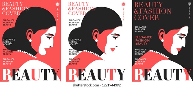 Set of fashion magazine cover designs. Abstract female portrait, side view.  Red, white and black background. Vector illustration