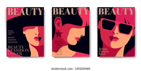 Set of fashion magazine cover designs. Abstract woman close-up portraits, full face and profile face, black dress, big hat, sunglasses. Vector illustration