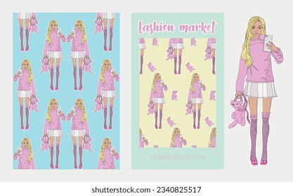 Set fashion market, print collection, poster, sketch fashion girl