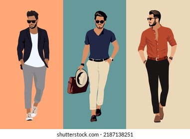 Set of fashion men in modern trendy outfits. Stylish guys with beard wearing  casual summer clothes and sunglasses. Colored realistic vector illustrations of fashionable men isolated. - Shutterstock ID 2187138251
