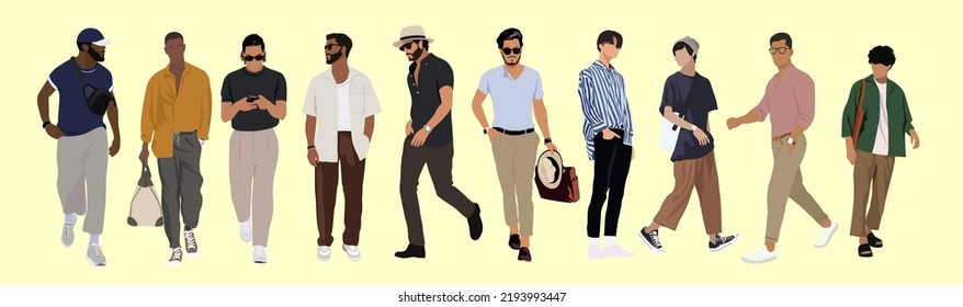 Set of fashion men in modern trendy outfits. Young people wearing stylish street casual summer clothes. Colored flat realistic vector illustration of fashionable man isolated on neutral background.