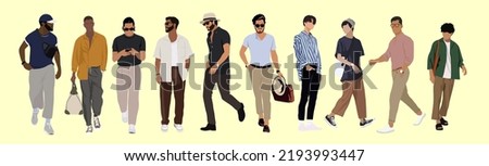 Set of fashion men in modern trendy outfits. Young people wearing stylish street casual summer clothes. Colored flat realistic vector illustration of fashionable man isolated on neutral background.