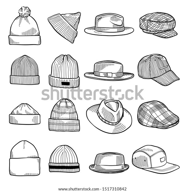 Set of fashion men\'s caps and hats\
sketches: baseball caps, felt hats, trucker cap, baker boy cap,\
knitted hats, fisherman beanie, bucket hat. Vector\
isolated