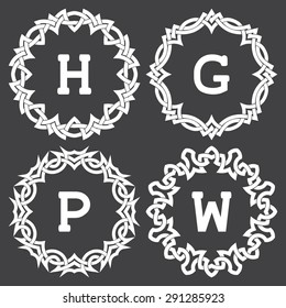 Set of fashion monogram frames design in celtic knots style. Stylish line art logo design and vector template.