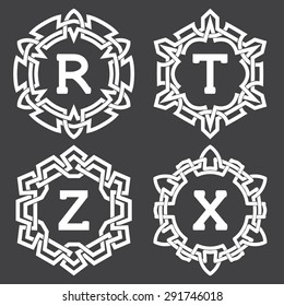 Set of fashion monogram frames design in celtic knots style. Stylish line art logo design and vector template.
