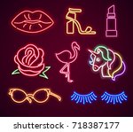 Set fashion neon sign. Neon sign, bright signboard, light banner. Vector icons