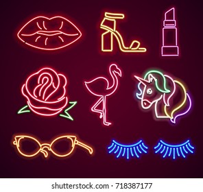 Set fashion neon sign. Neon sign, bright signboard, light banner. Vector icons