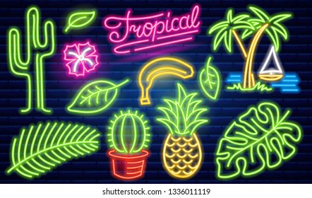 Set of fashion neon sign. Cactus and pineapple, tropical plants, palm trees and leaves. Night bright signboard, Glowing light banner. Summer logo for Club or bar on dark background. Editable vector.